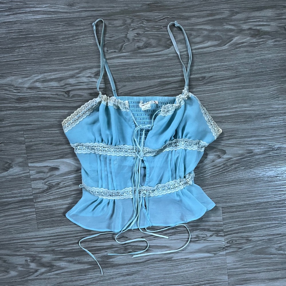 Y2K Kimchi Blue Light Blue Lace Trim Tie Front Cami Top Smocked Back Medium